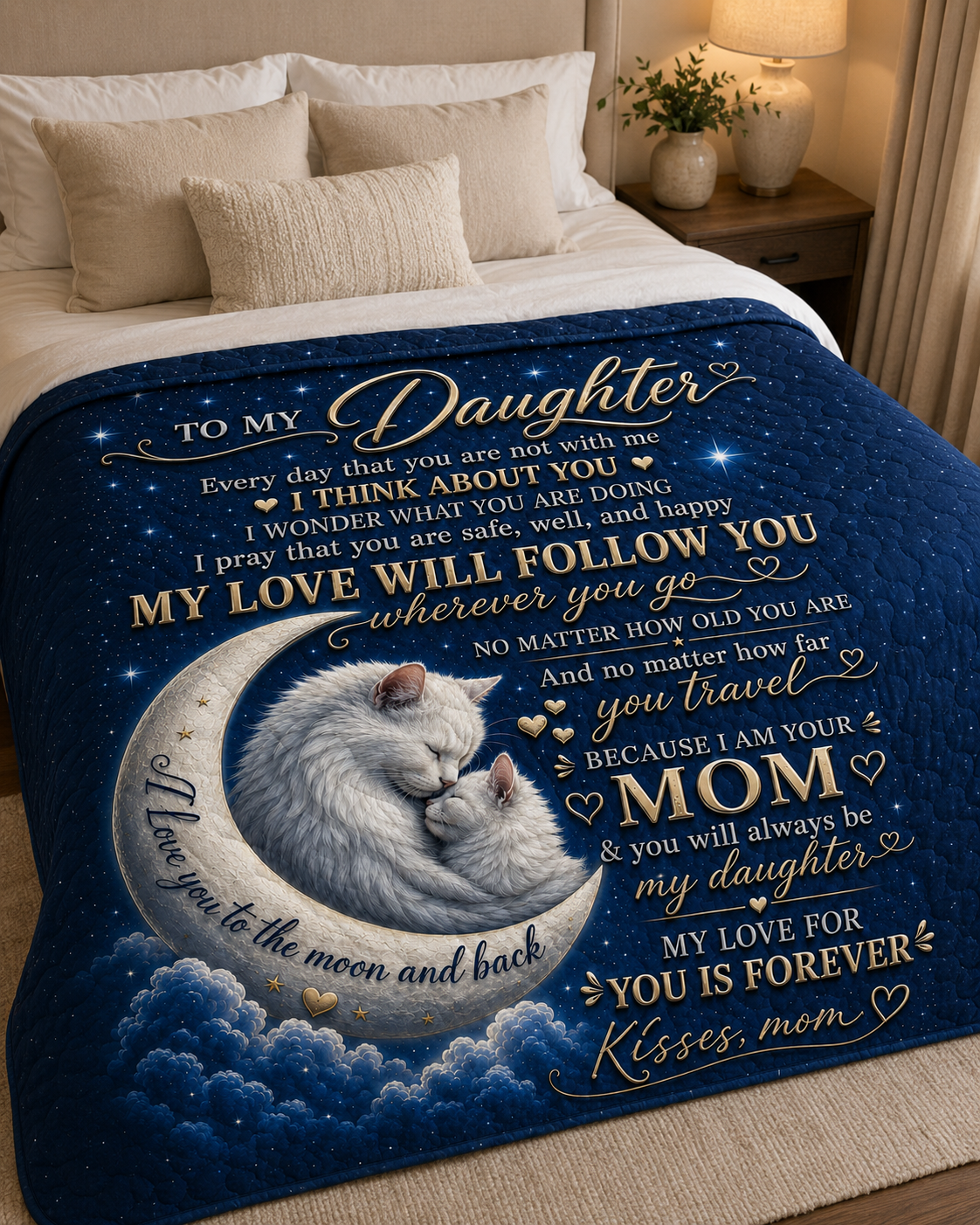 Daughter My Love Will Follow You Cat Moon Quilt Blanket