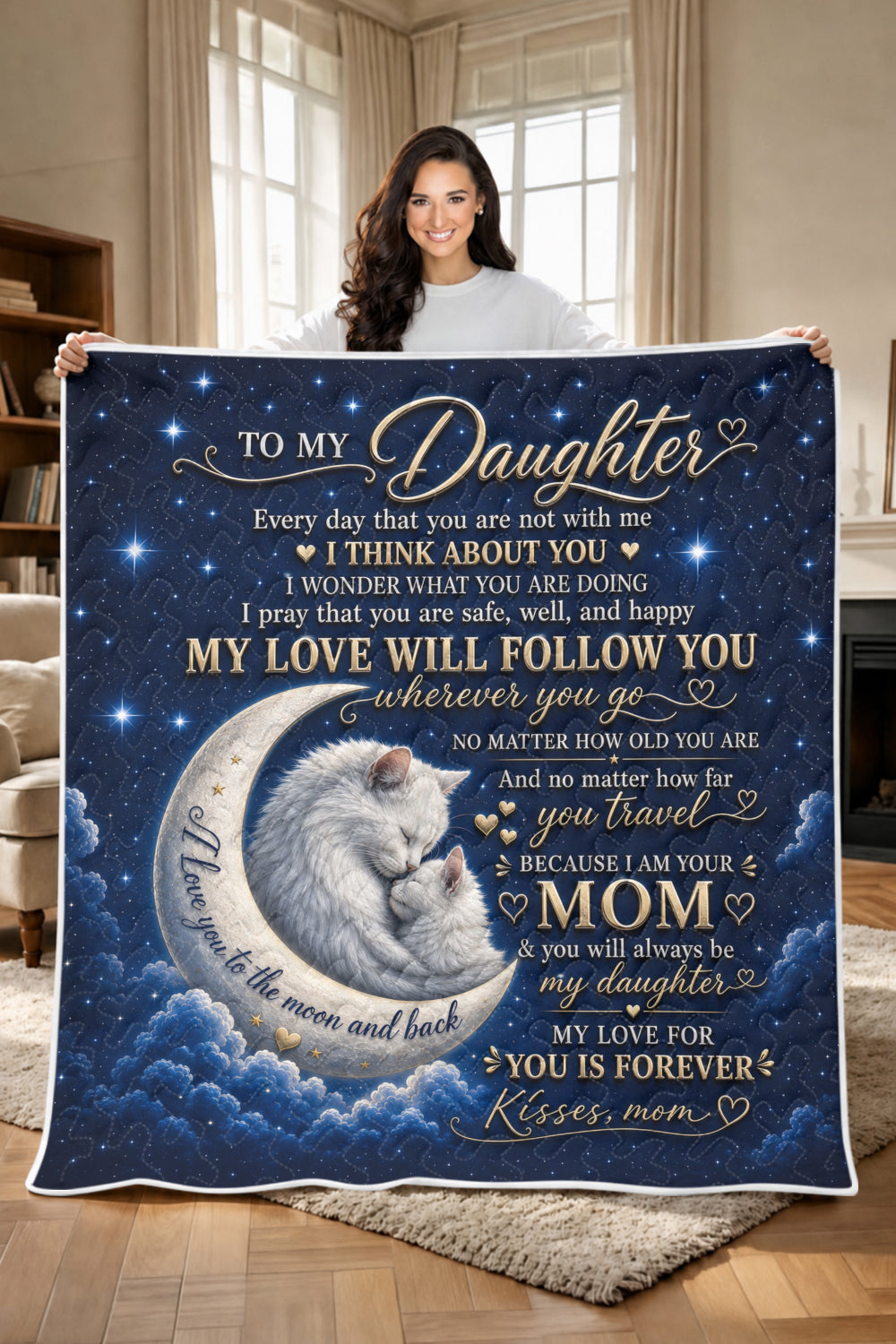 Daughter My Love Will Follow You Cat Moon Quilt Blanket