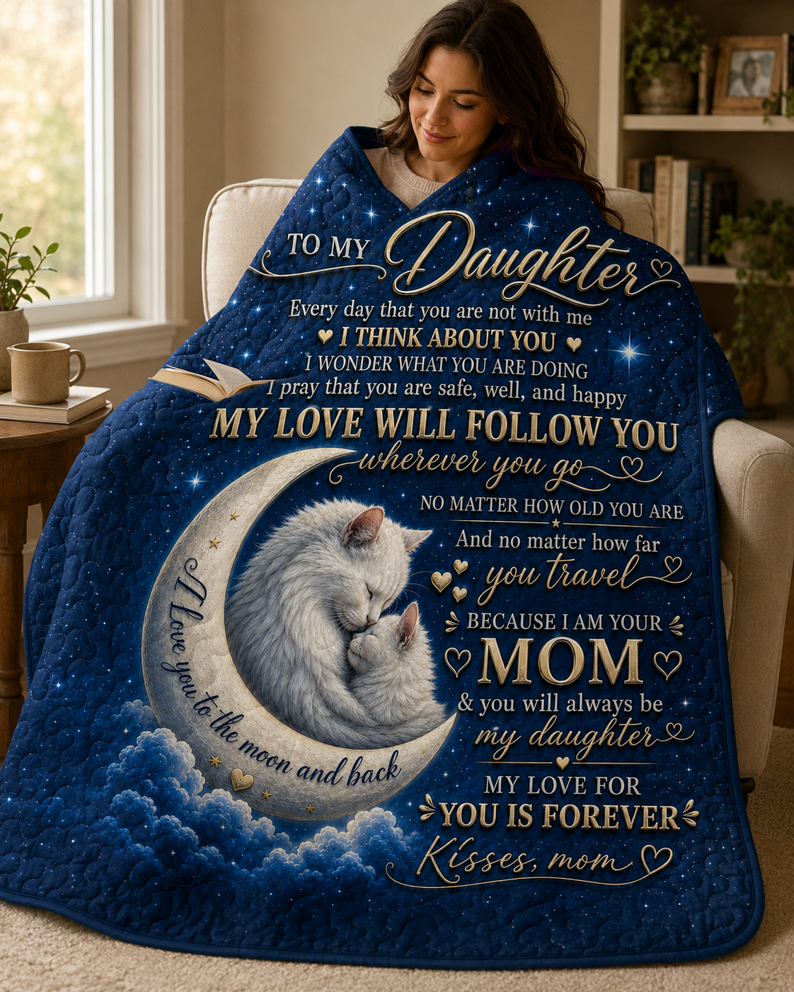 Daughter My Love Will Follow You Cat Moon Quilt Blanket