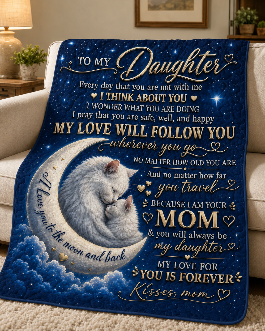 Daughter My Love Will Follow You Cat Moon Quilt Blanket