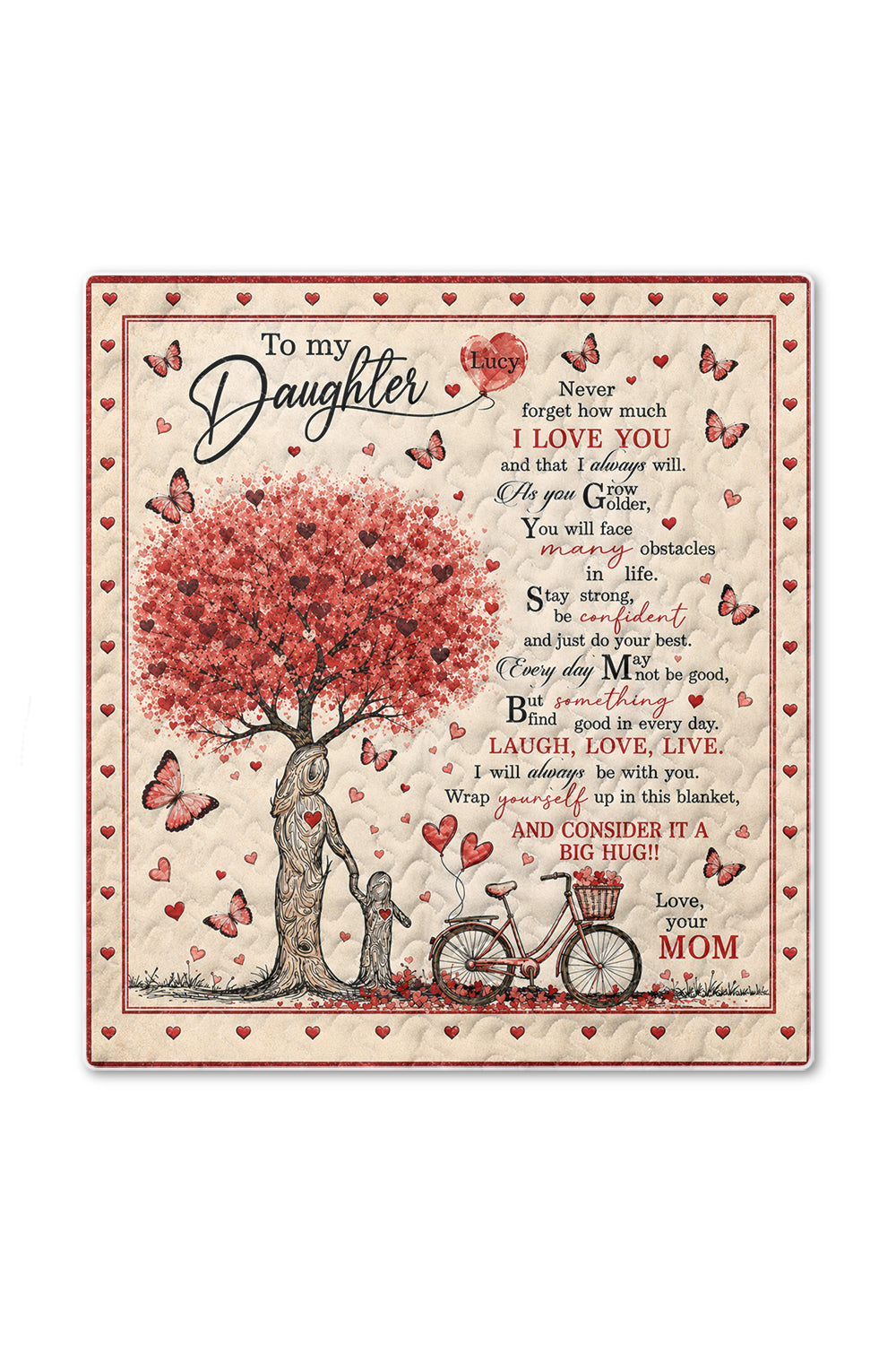 Daughter Personalized Red Heart Tree Quilt Blanket