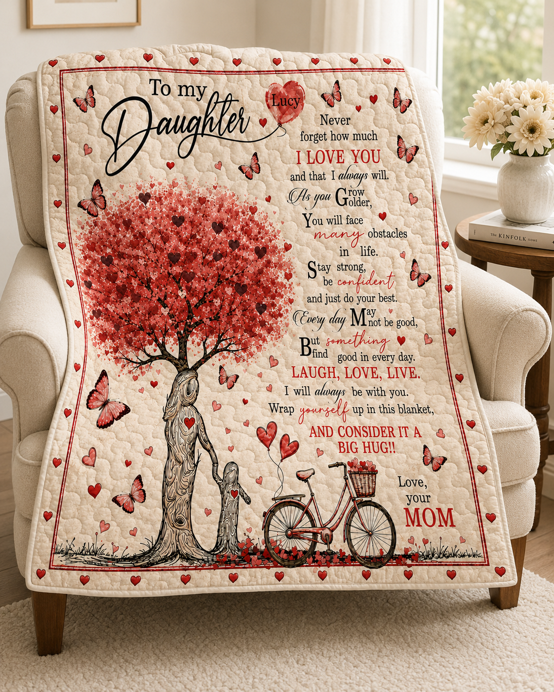 Daughter Personalized Red Heart Tree Quilt Blanket
