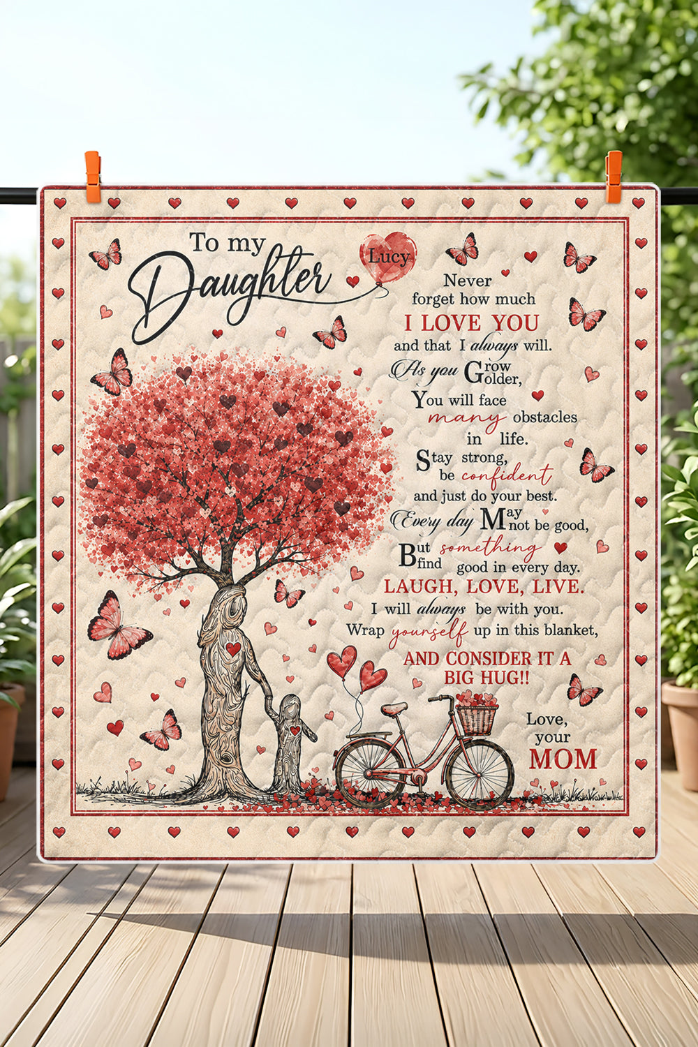 Daughter Personalized Red Heart Tree Quilt Blanket