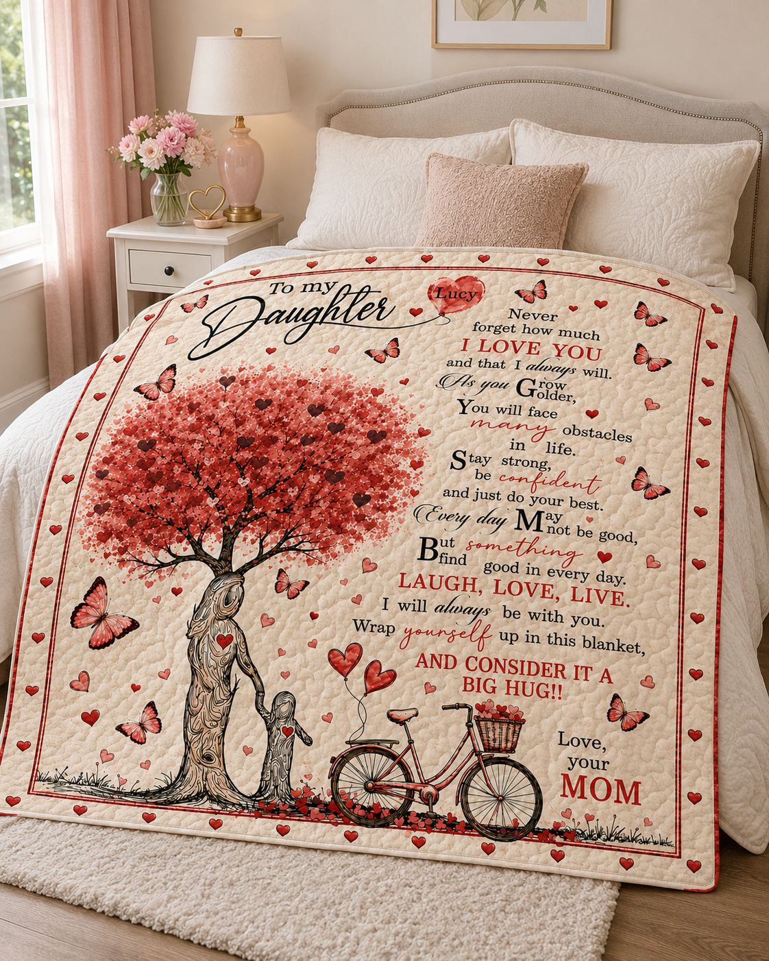 Daughter Personalized Red Heart Tree Quilt Blanket