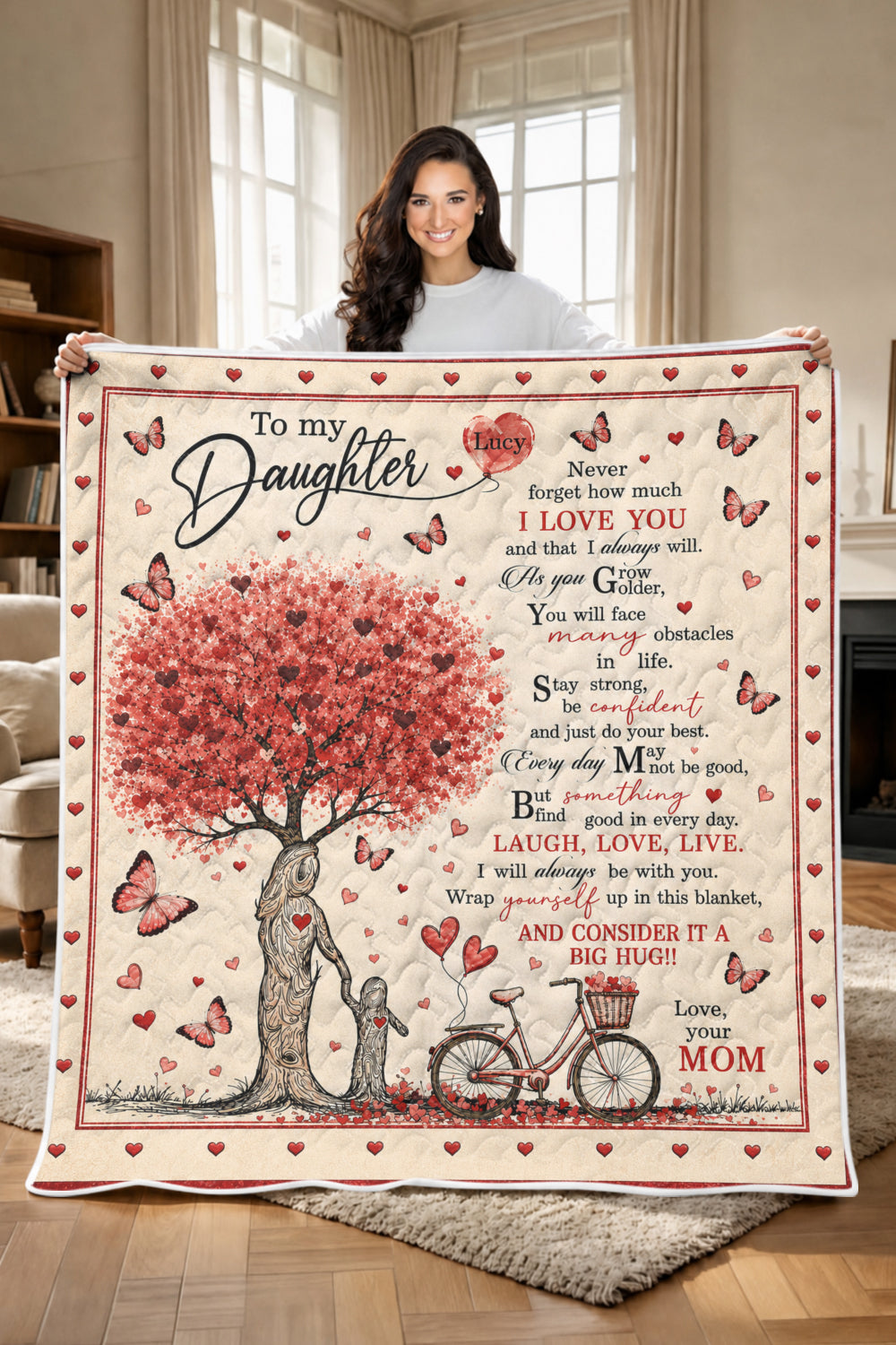 Daughter Personalized Red Heart Tree Quilt Blanket
