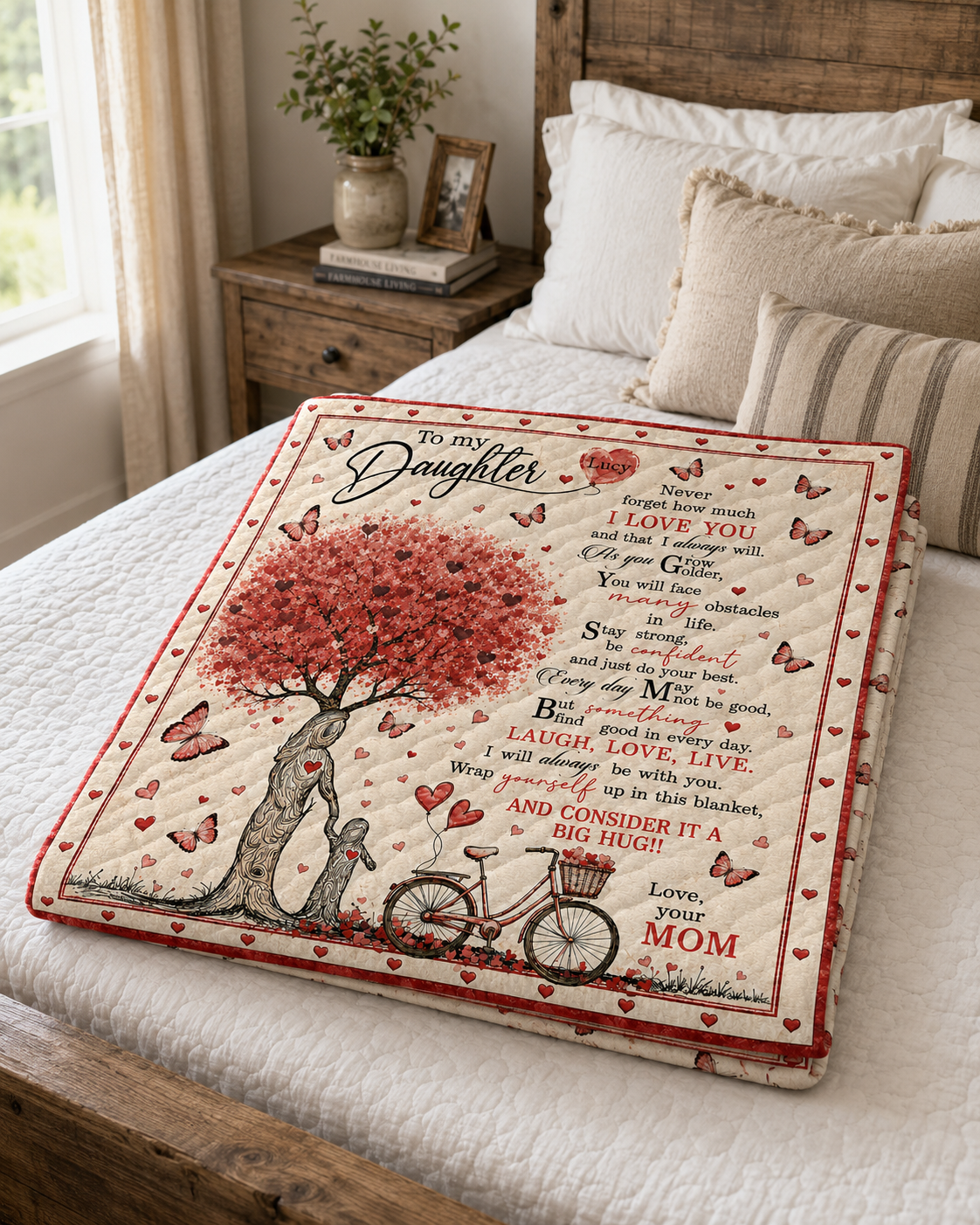 Daughter Personalized Red Heart Tree Quilt Blanket