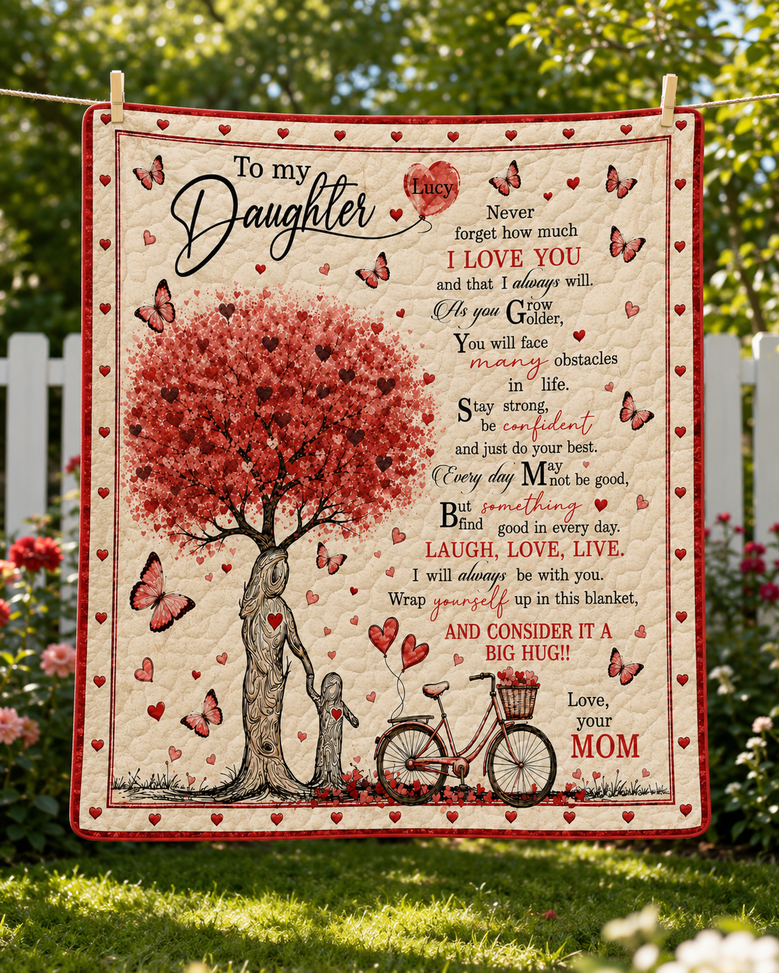 Daughter Personalized Red Heart Tree Quilt Blanket