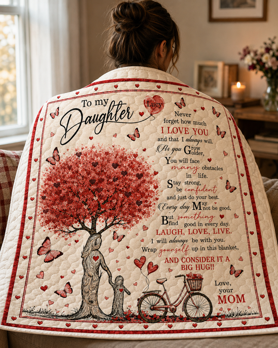 Daughter Personalized Red Heart Tree Quilt Blanket