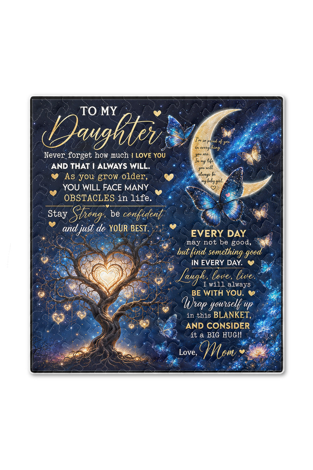 Daughter Stay Strong Blue Butterfly Galaxy Quilt Blanket