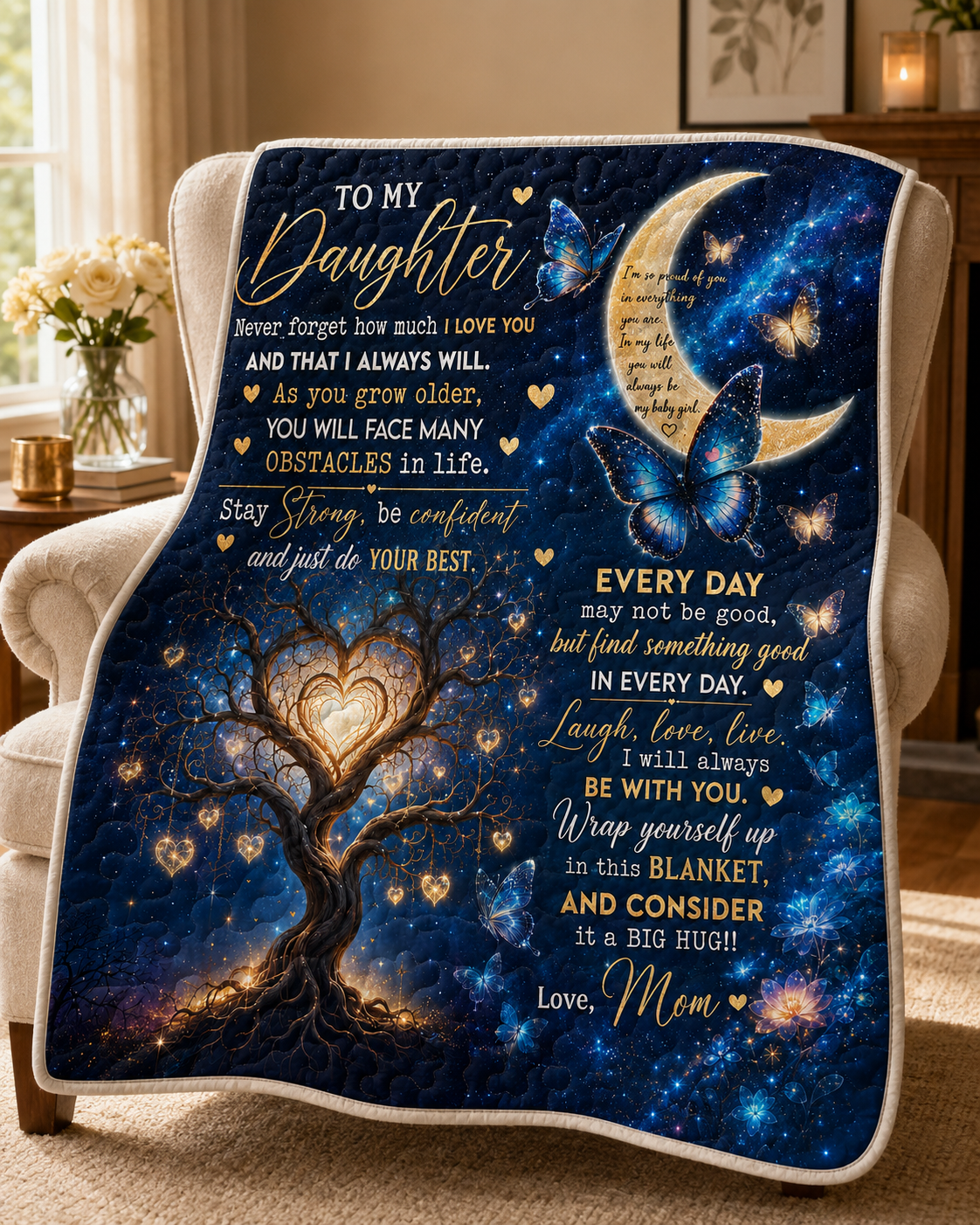 Daughter Stay Strong Blue Butterfly Galaxy Quilt Blanket