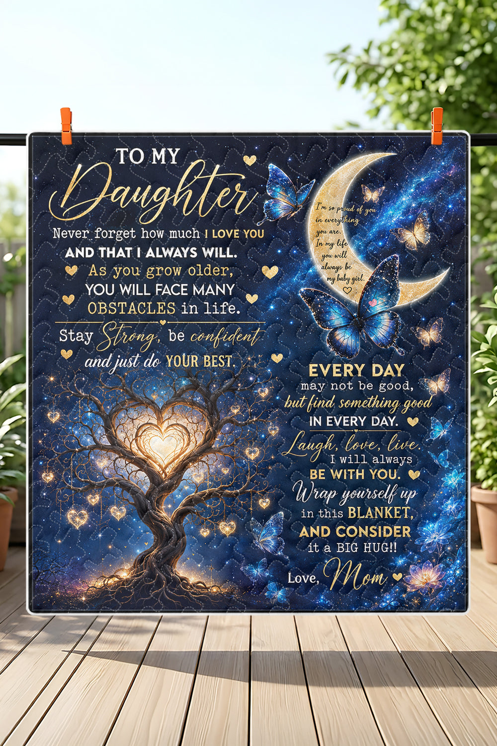 Daughter Stay Strong Blue Butterfly Galaxy Quilt Blanket