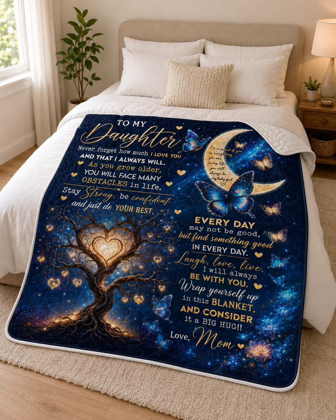 Daughter Stay Strong Blue Butterfly Galaxy Quilt Blanket