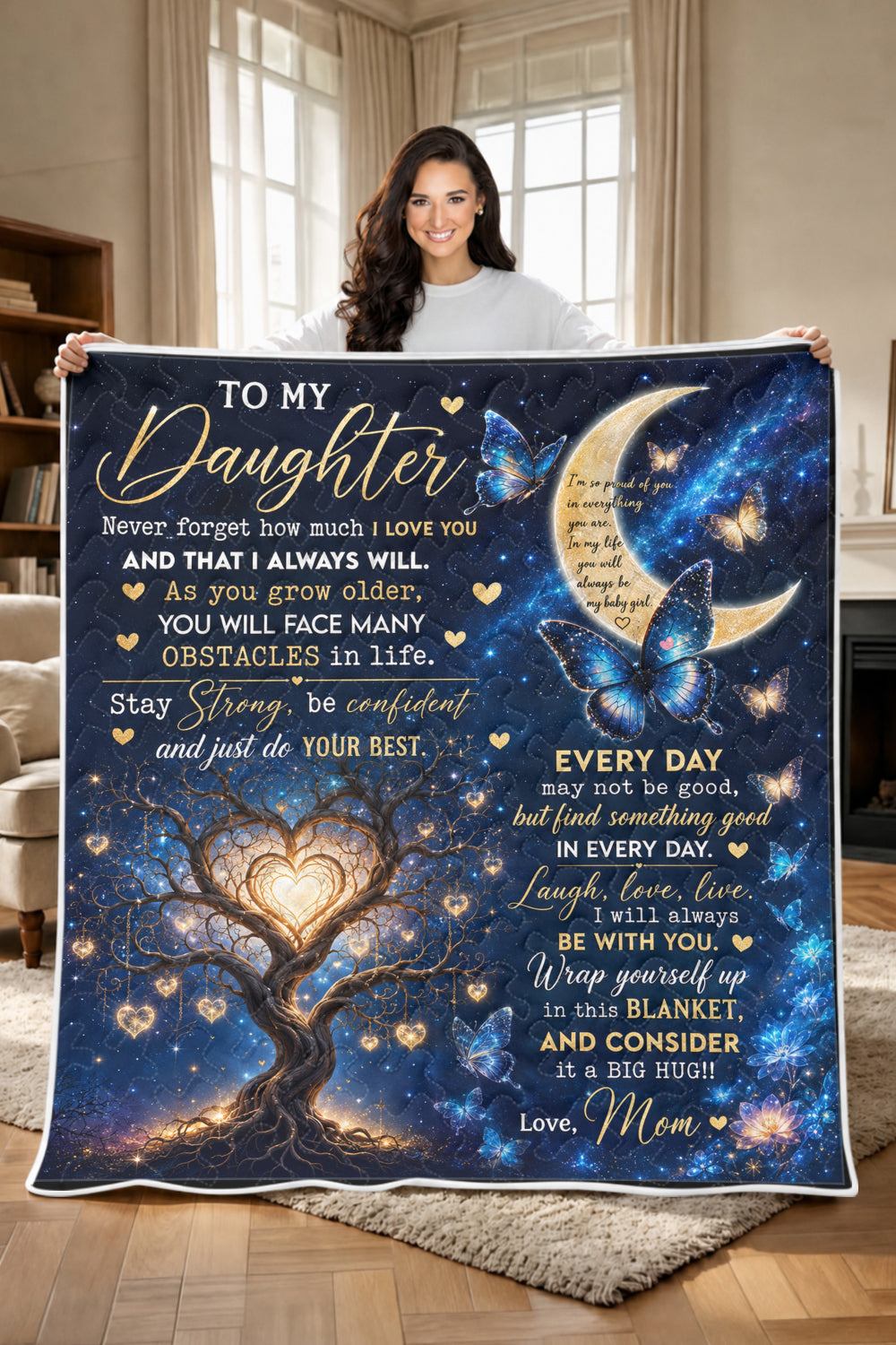 Daughter Stay Strong Blue Butterfly Galaxy Quilt Blanket