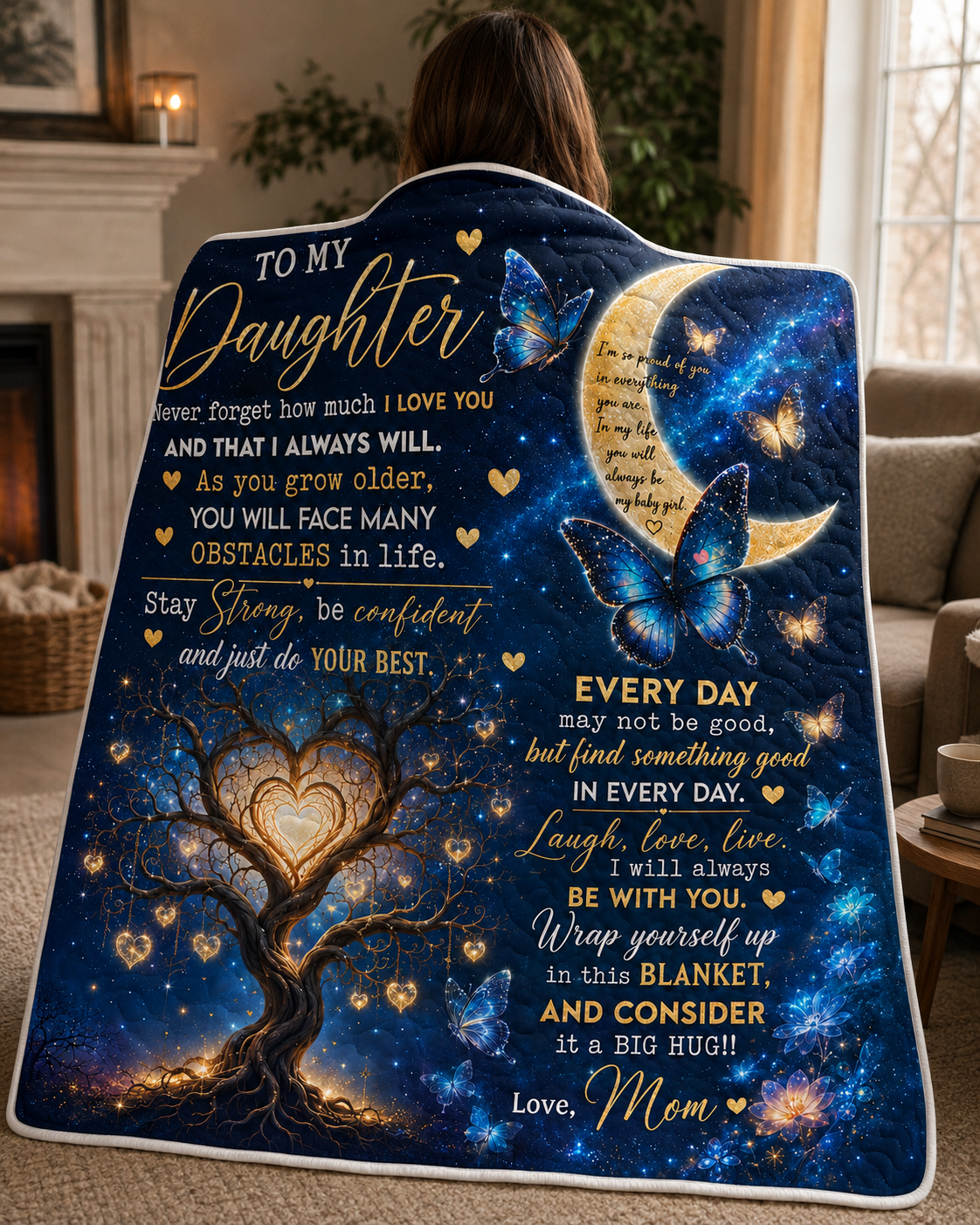 Daughter Stay Strong Blue Butterfly Galaxy Quilt Blanket