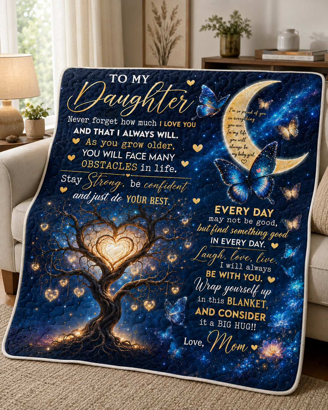Daughter Stay Strong Blue Butterfly Galaxy Quilt Blanket
