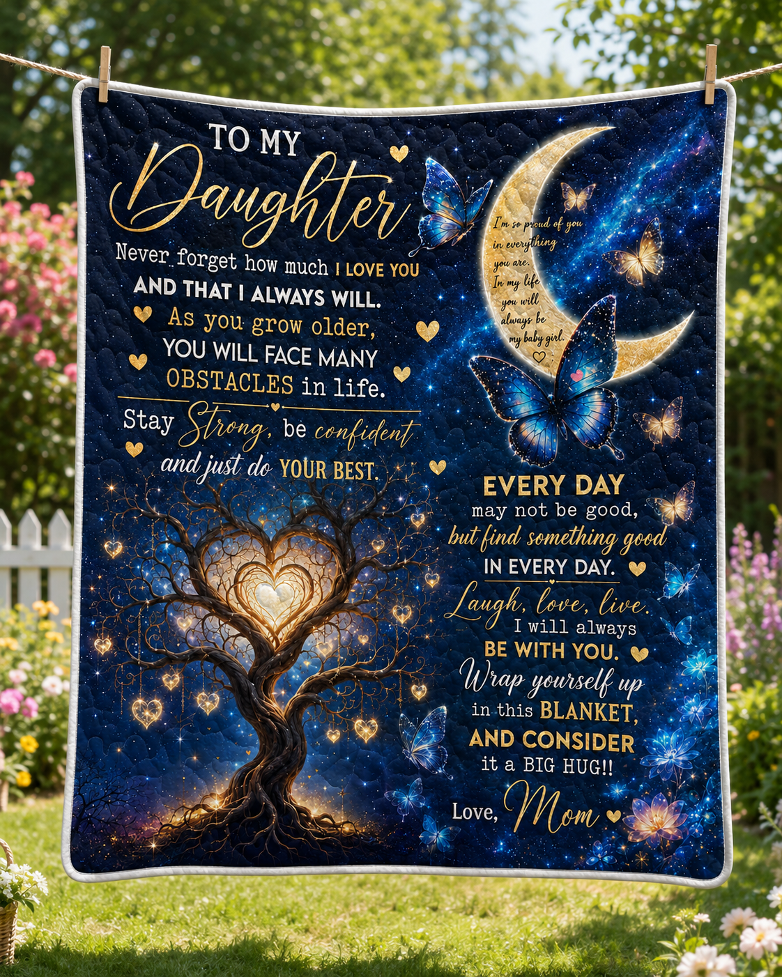 Daughter Stay Strong Blue Butterfly Galaxy Quilt Blanket