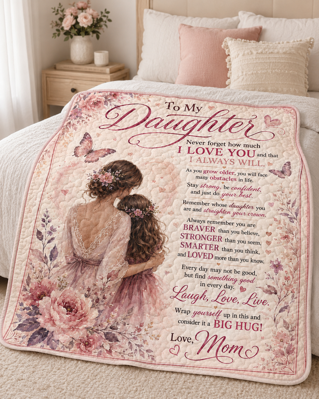 Daughter Straighten Crown Pink Floral Quilt Blanket