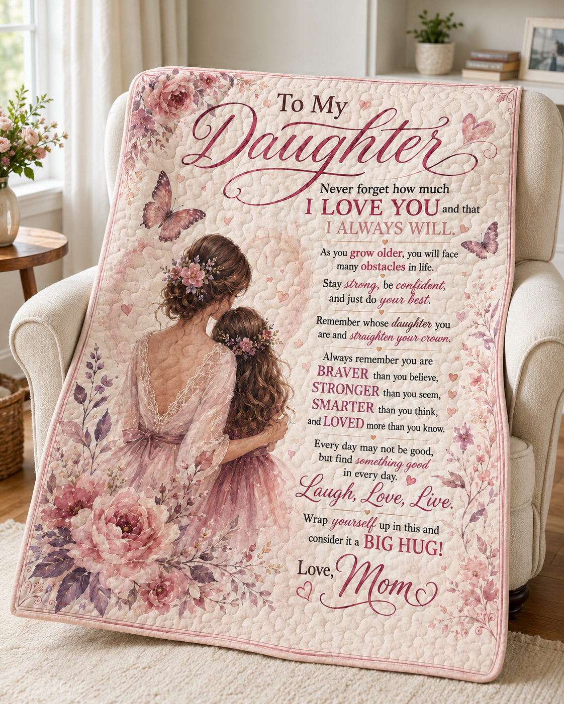 Daughter Straighten Crown Pink Floral Quilt Blanket