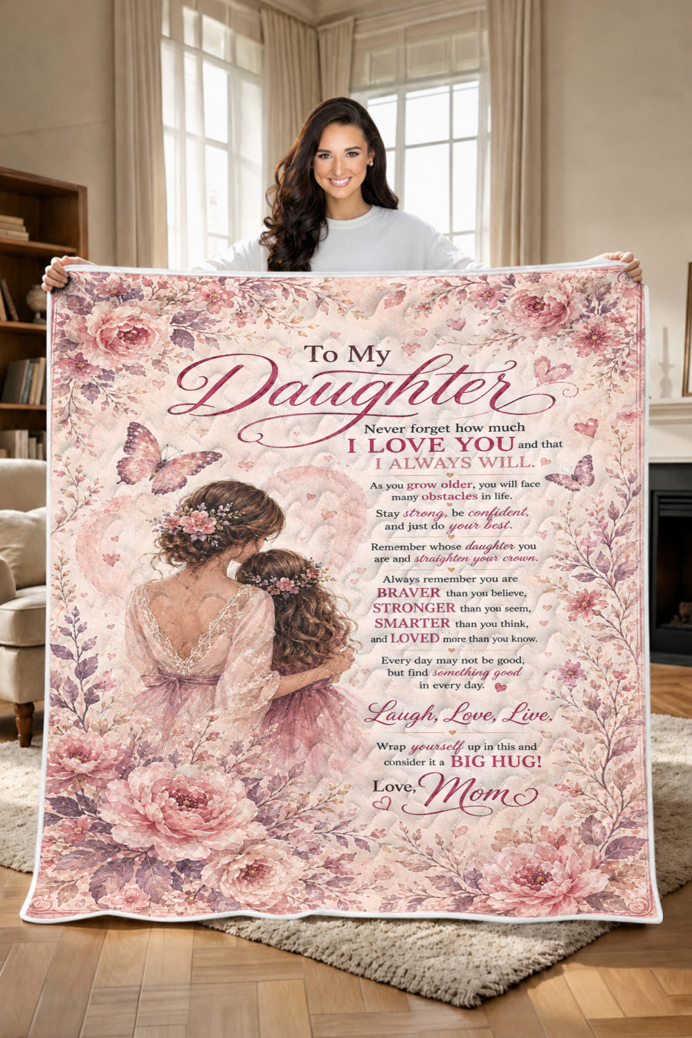 Daughter Straighten Crown Pink Floral Quilt Blanket