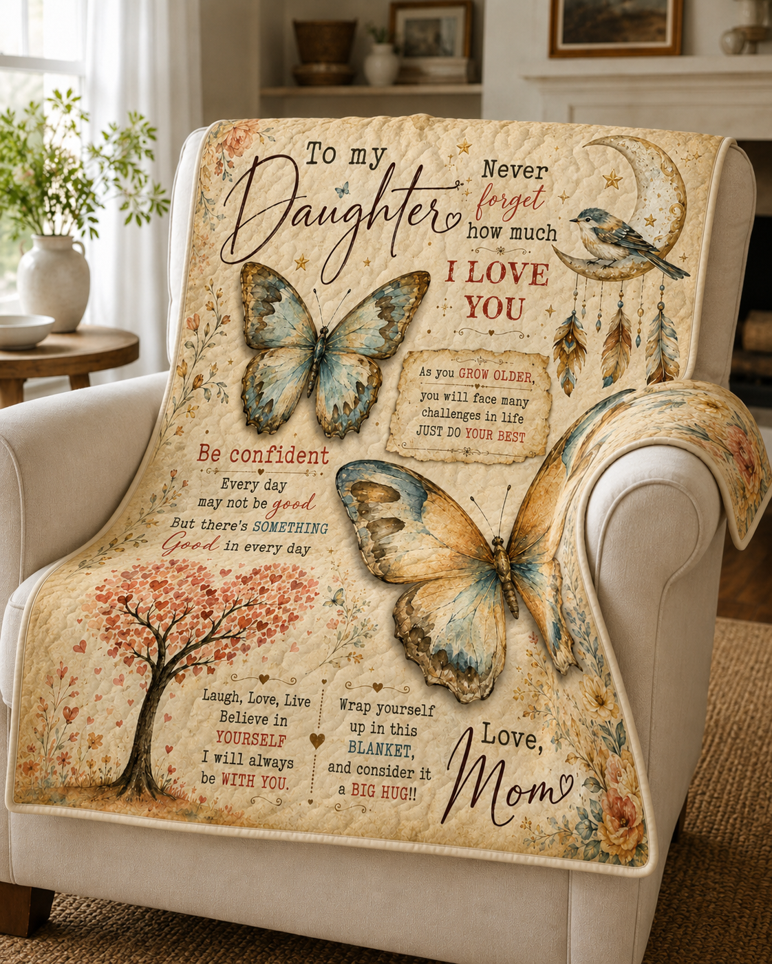 Daughter Vintage Boho Butterfly Quilt Blanket