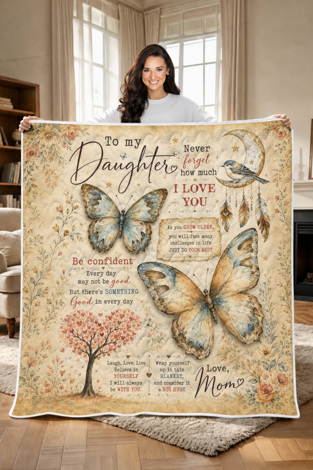 Daughter Vintage Boho Butterfly Quilt Blanket