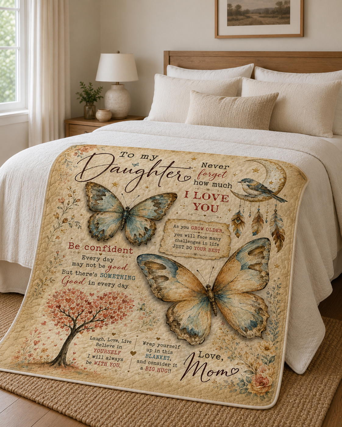 Daughter Vintage Boho Butterfly Quilt Blanket