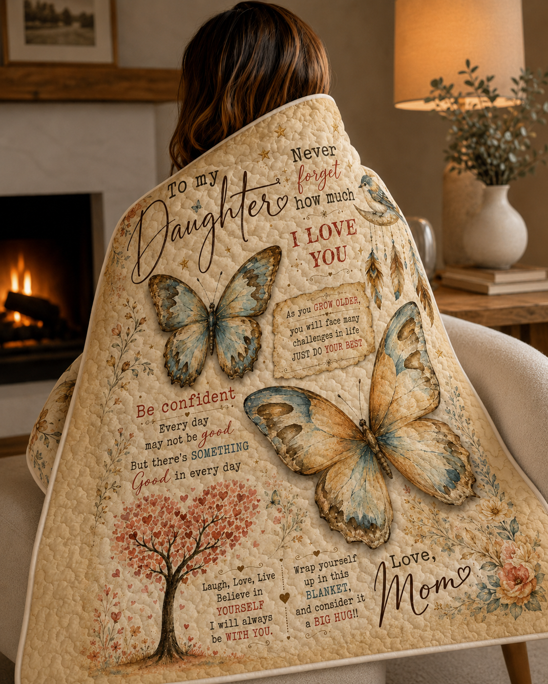 Daughter Vintage Boho Butterfly Quilt Blanket