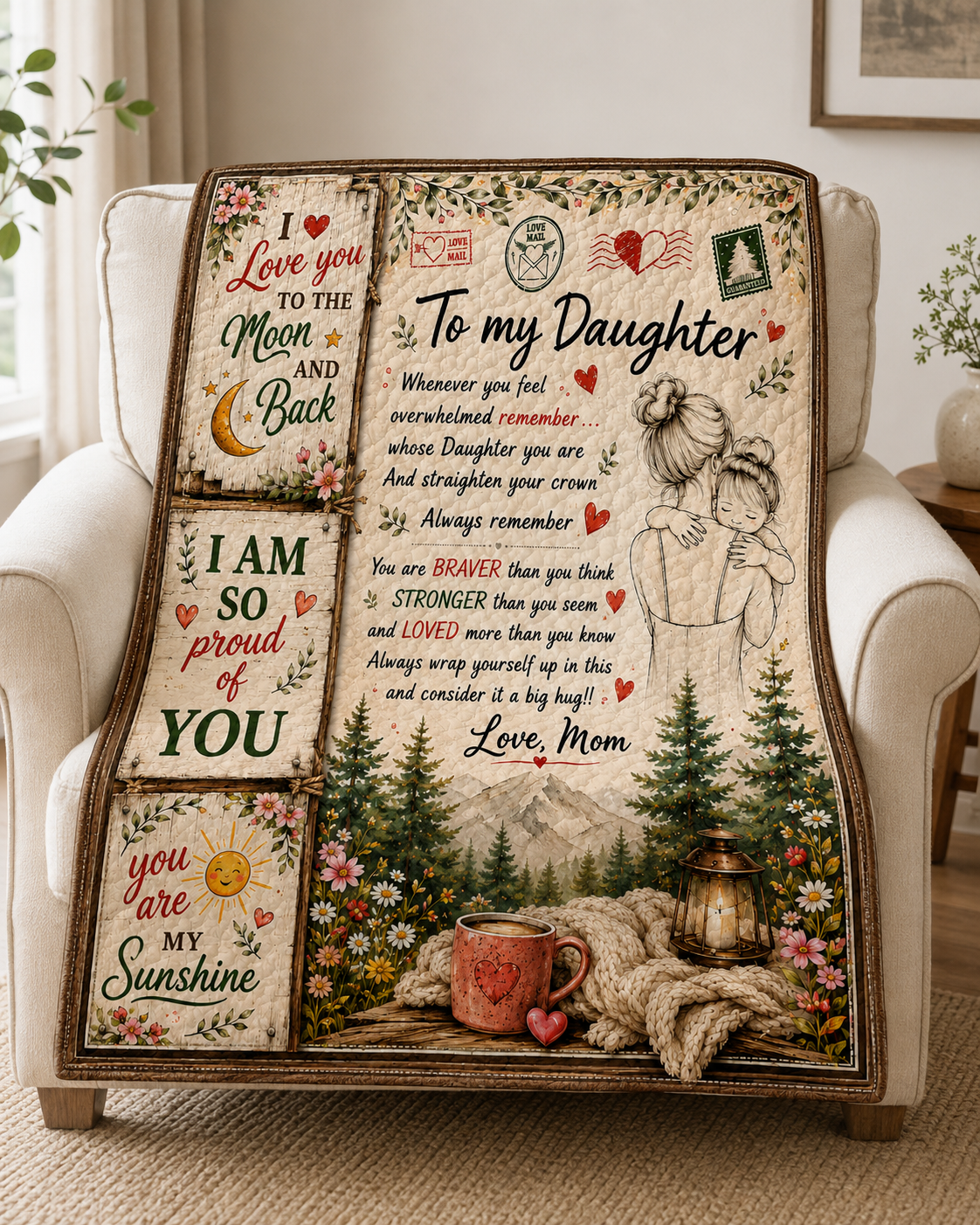 Daughter You Are My Sunshine Mom Hugging Quilt Blanket