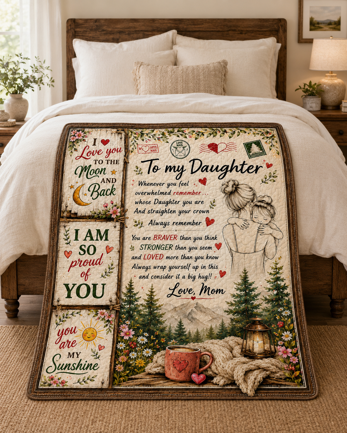 Daughter You Are My Sunshine Mom Hugging Quilt Blanket