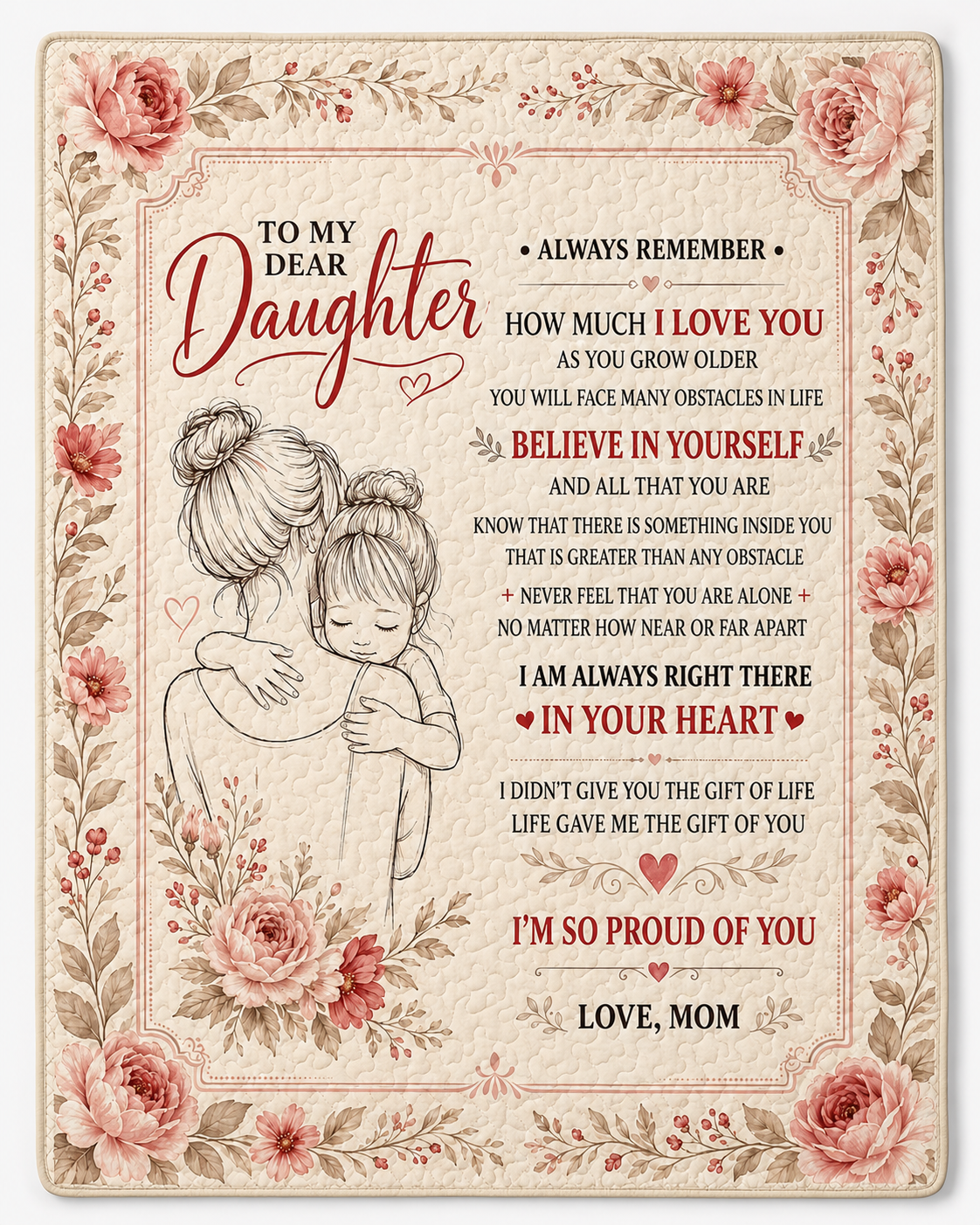 Dear Daughter Life Gave Me Gift Pink Floral Quilt Blanket