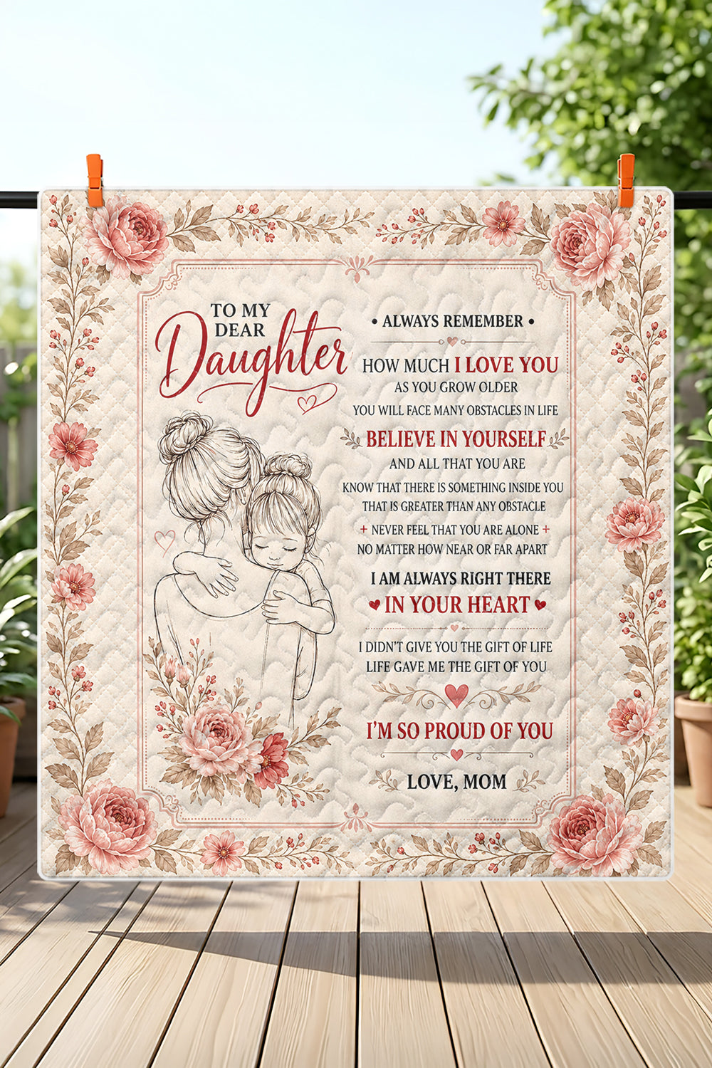 Dear Daughter Life Gave Me Gift Pink Floral Quilt Blanket