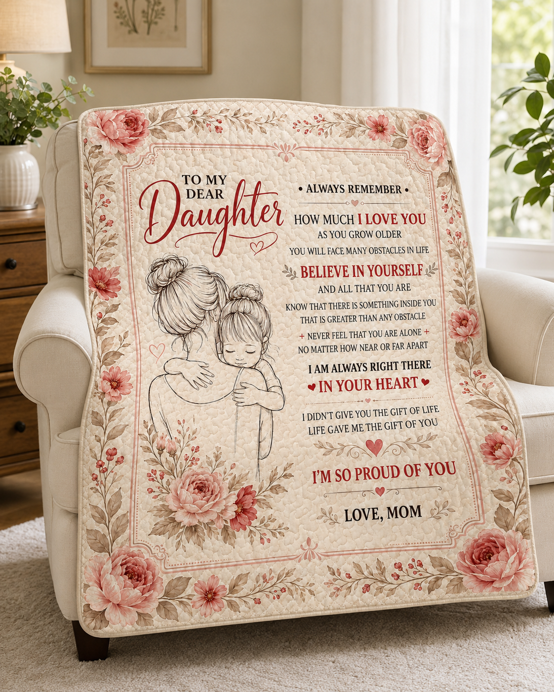Dear Daughter Life Gave Me Gift Pink Floral Quilt Blanket