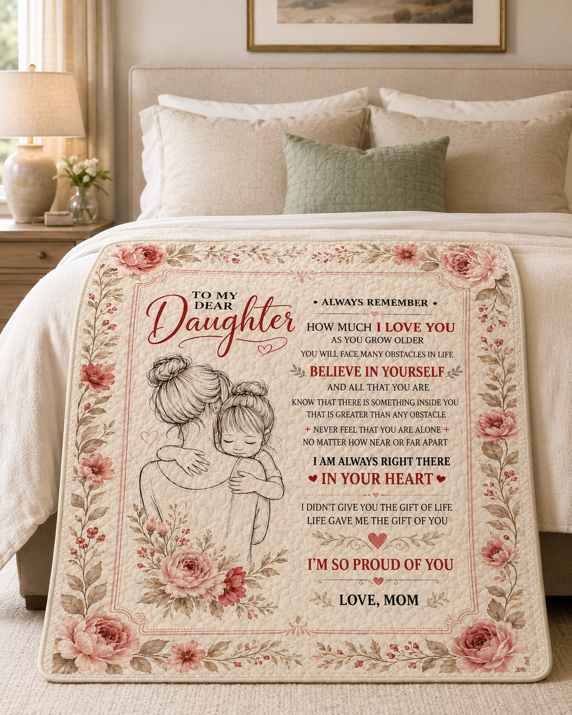 Dear Daughter Life Gave Me Gift Pink Floral Quilt Blanket
