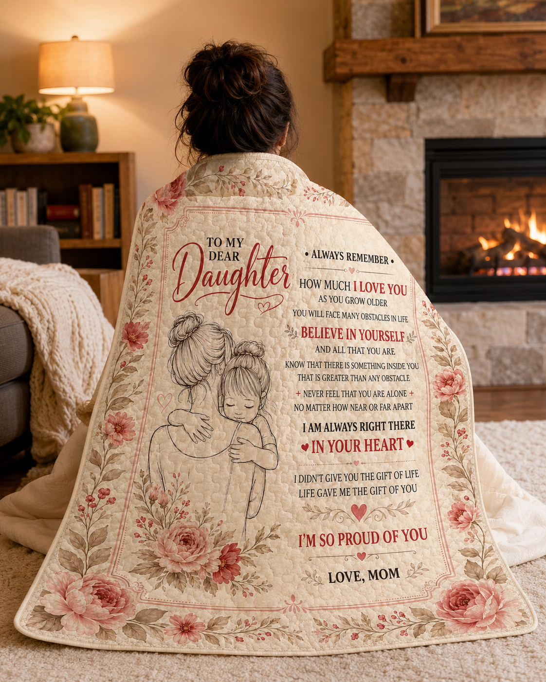 Dear Daughter Life Gave Me Gift Pink Floral Quilt Blanket