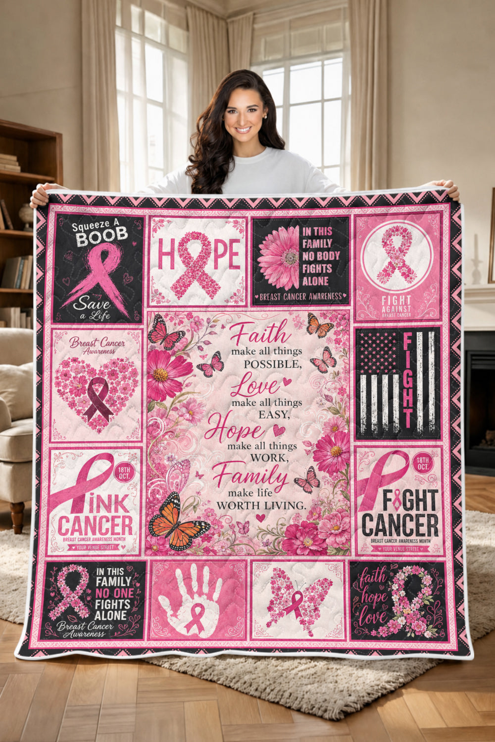Faith Love Hope Family Floral Quilt Blanket