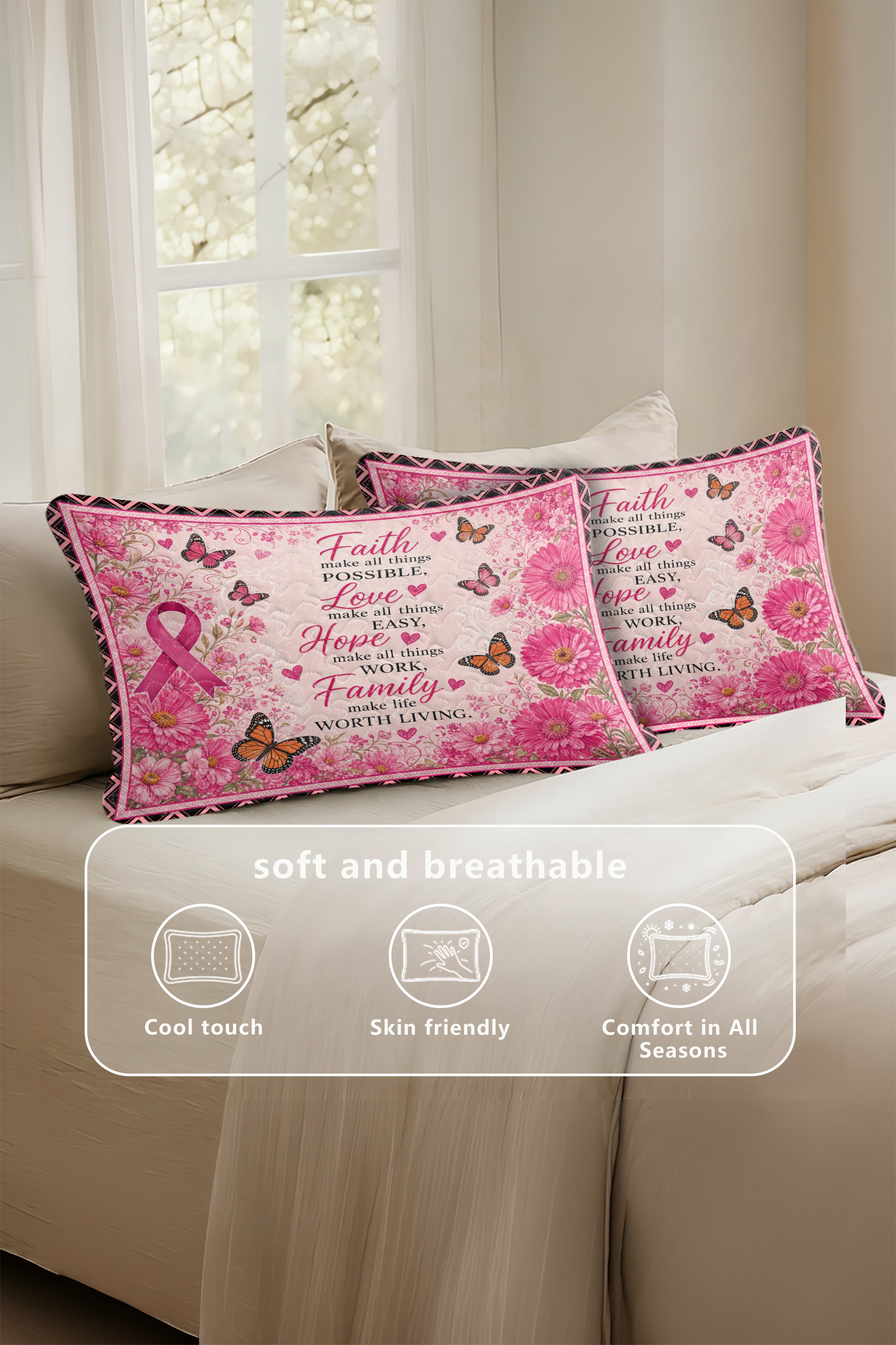 Faith Love Hope Family Floral Quilt Pillow