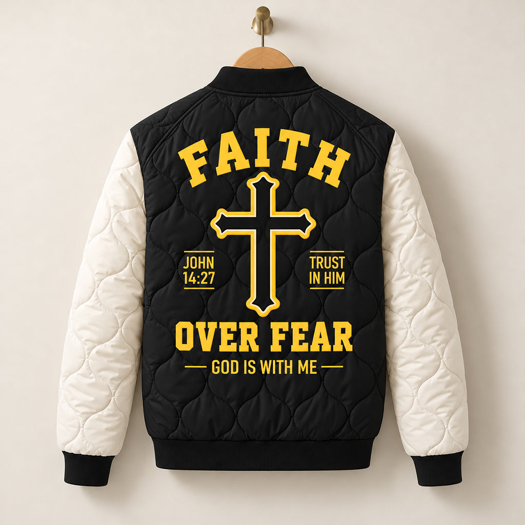 Faith Over Fear John 1427 Varsity Quilted Bomber Jacket
