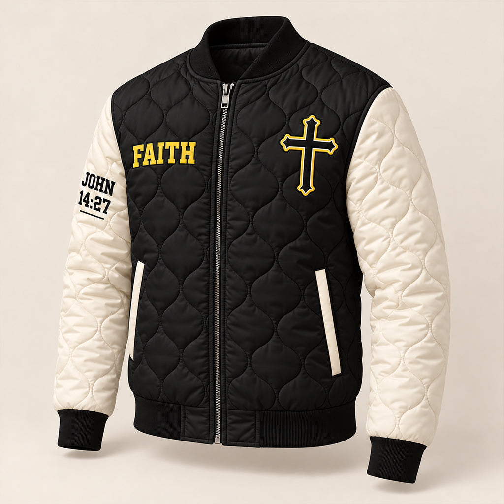 Faith Over Fear John 1427 Varsity Quilted Bomber Jacket