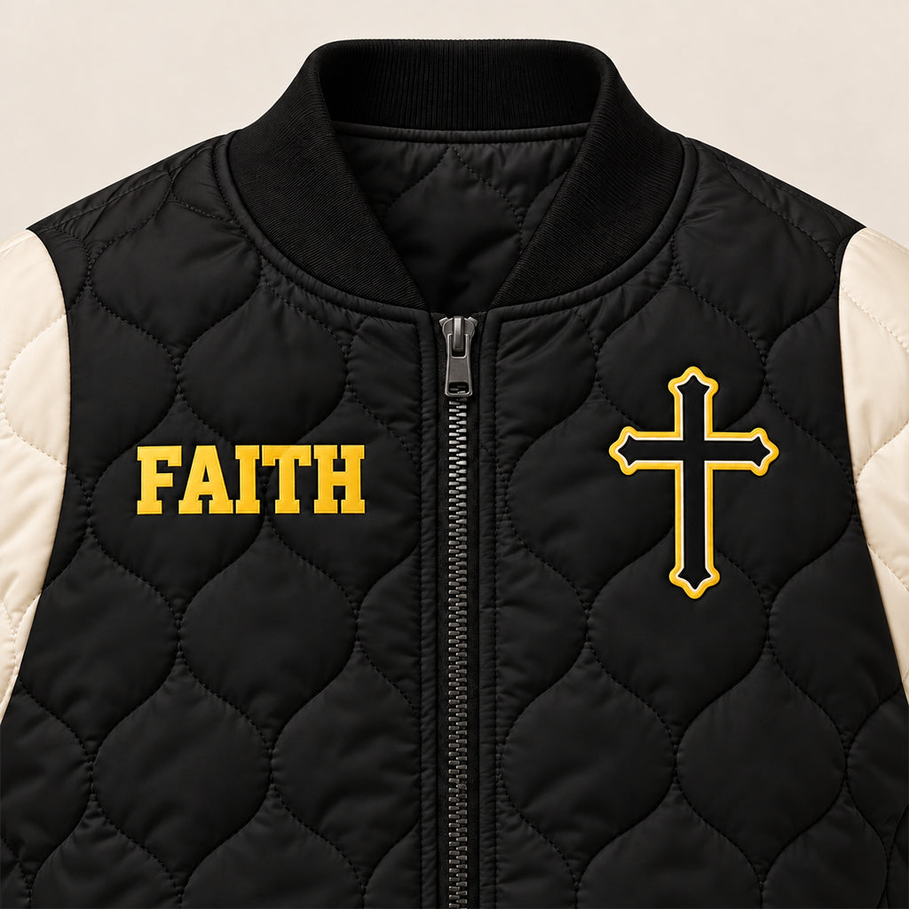 Faith Over Fear John 1427 Varsity Quilted Bomber Jacket