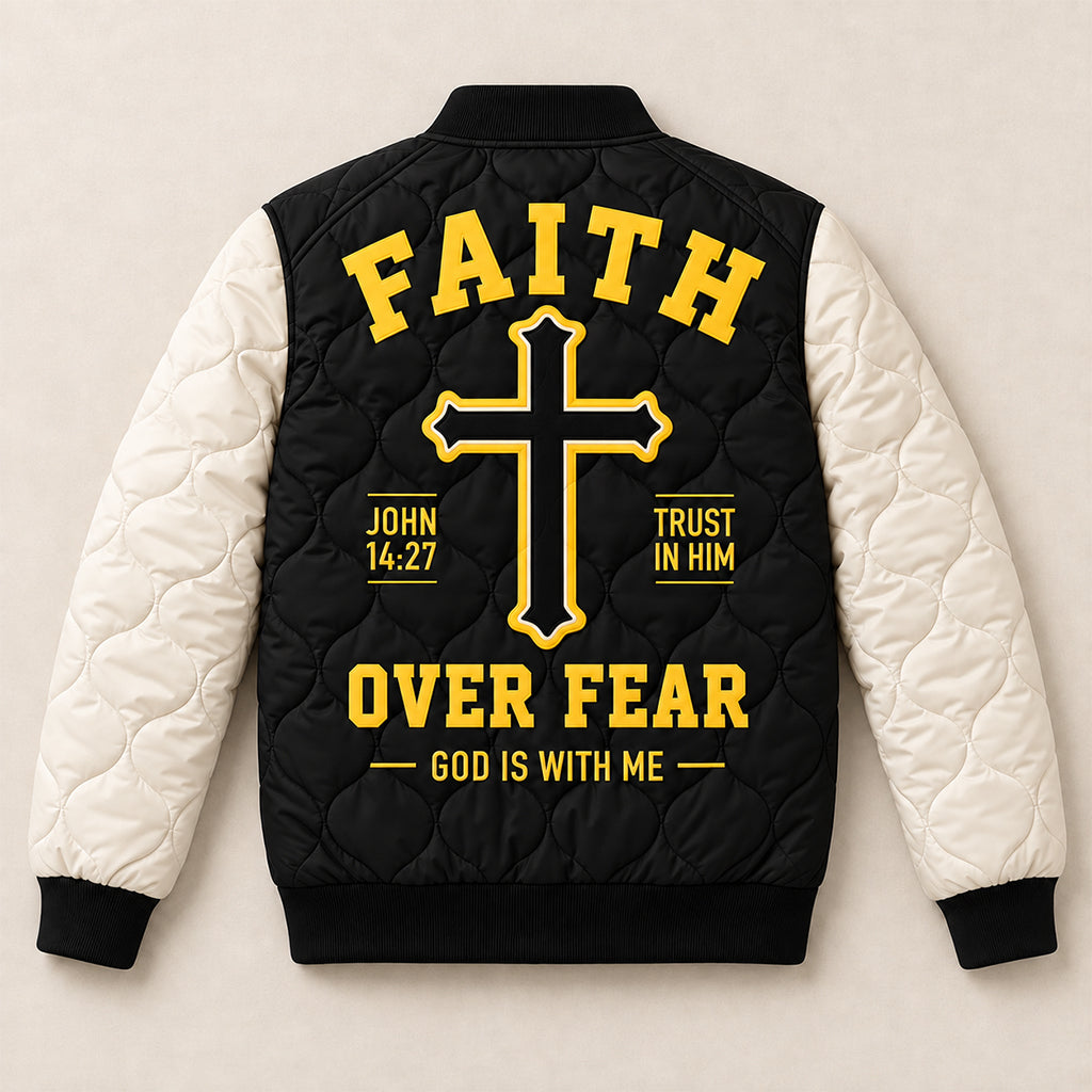 Faith Over Fear John 1427 Varsity Quilted Bomber Jacket