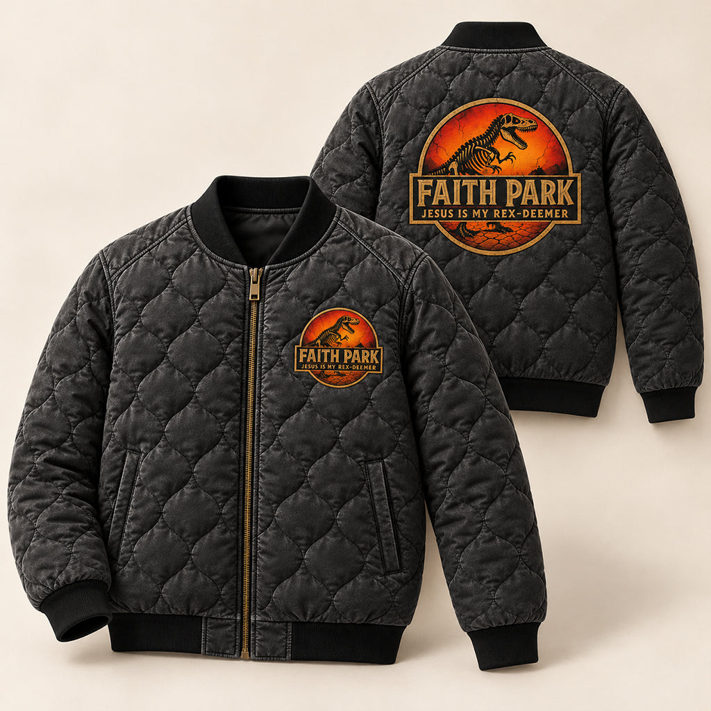 Faith Park Fossil Dino Quilted Bomber Jacket