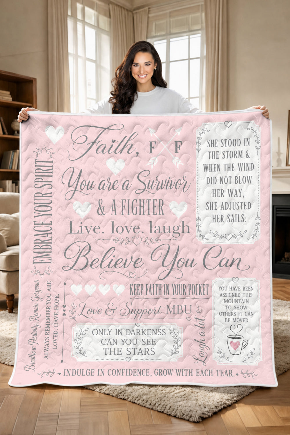 Faith Survivor Fighter Quote Sampler Quilt Blanket