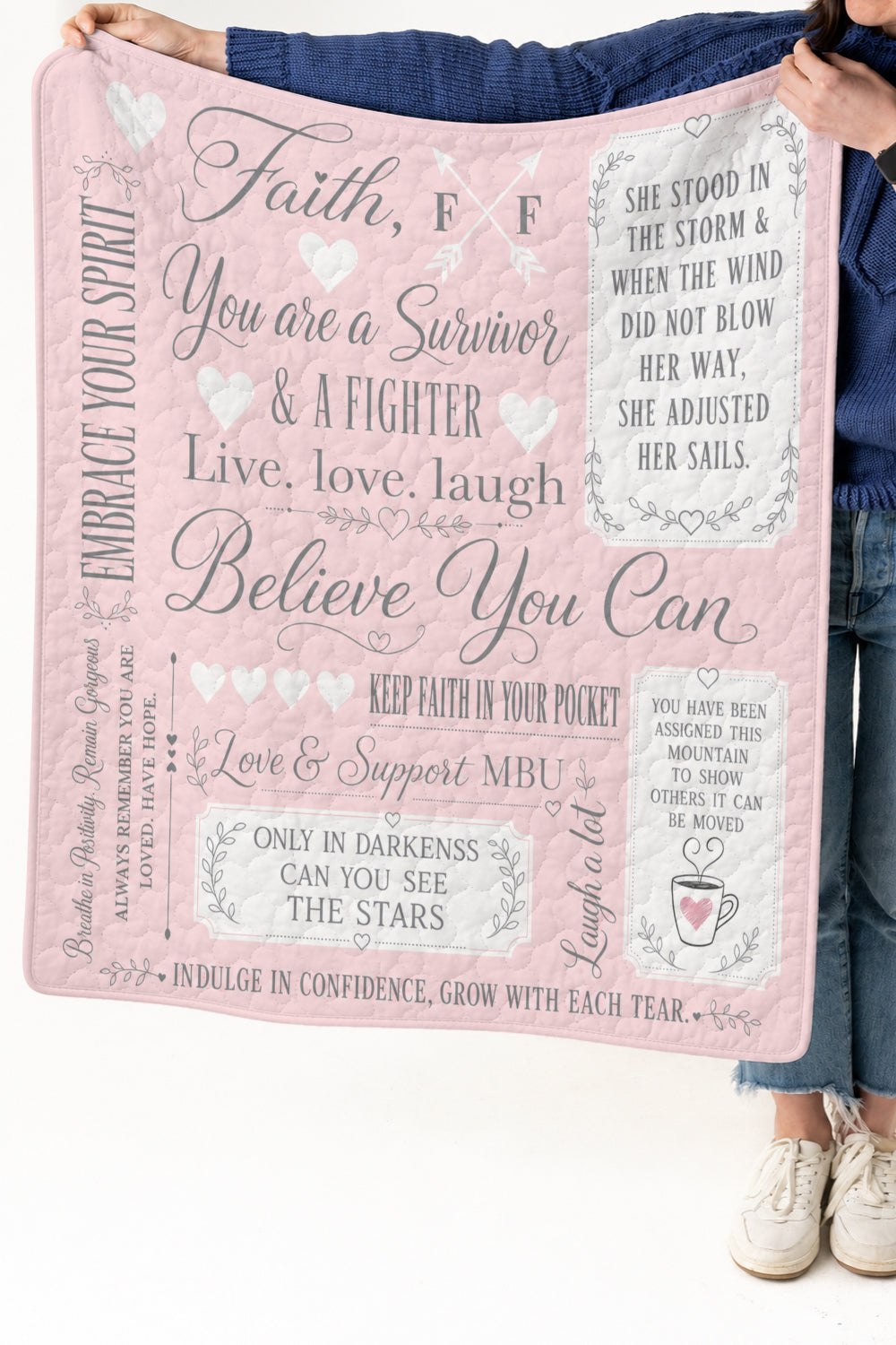 Faith Survivor Fighter Quote Sampler Quilt Blanket