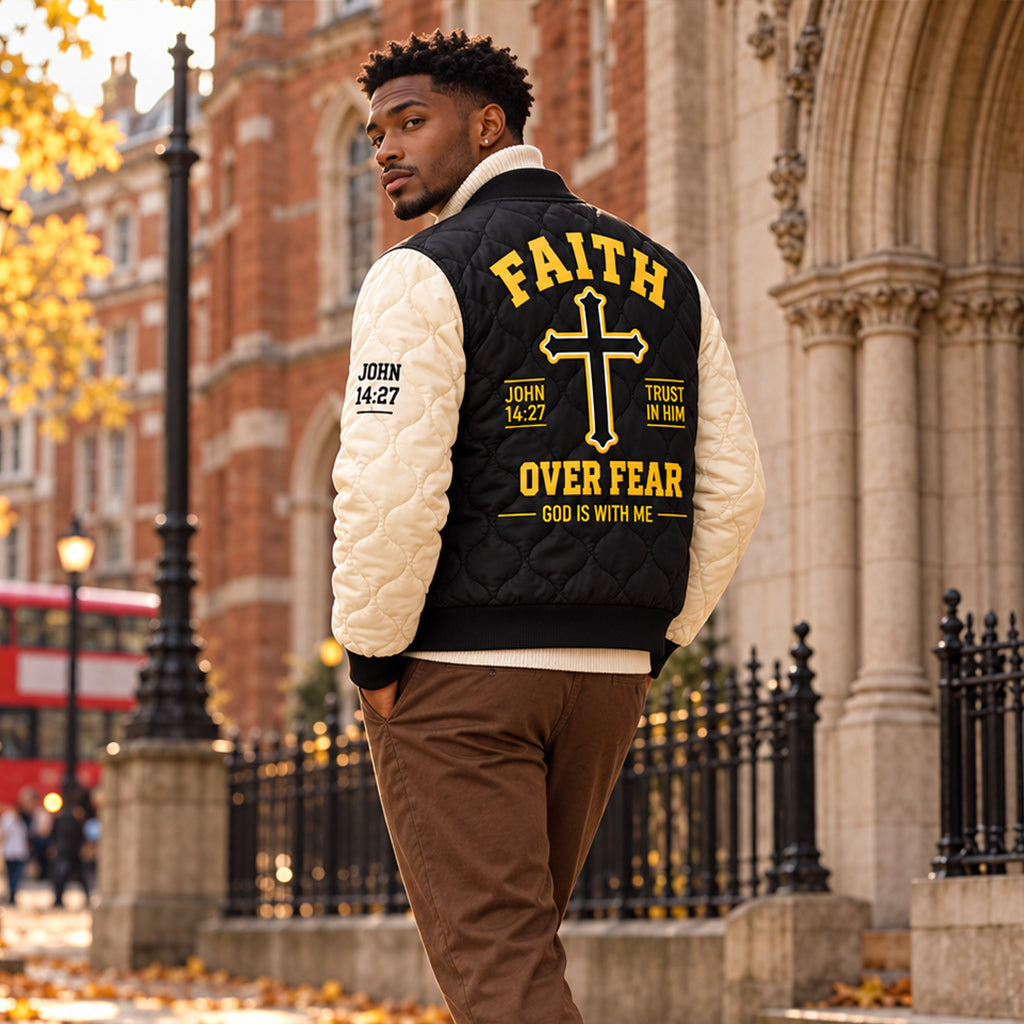 Faith Over Fear John 1427 Varsity Quilted Bomber Jacket – view 3