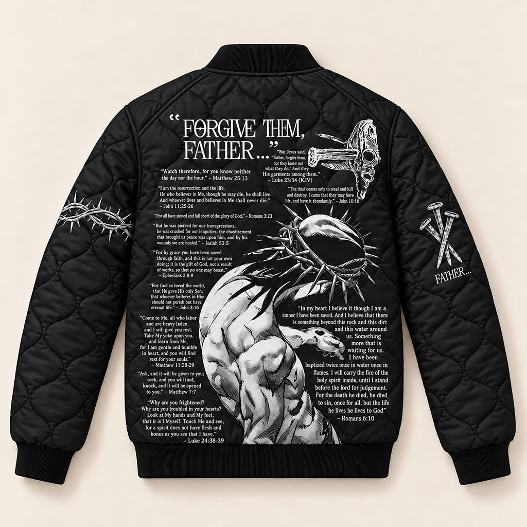 Forgive Them Father Scripture Quilted Bomber Jacket