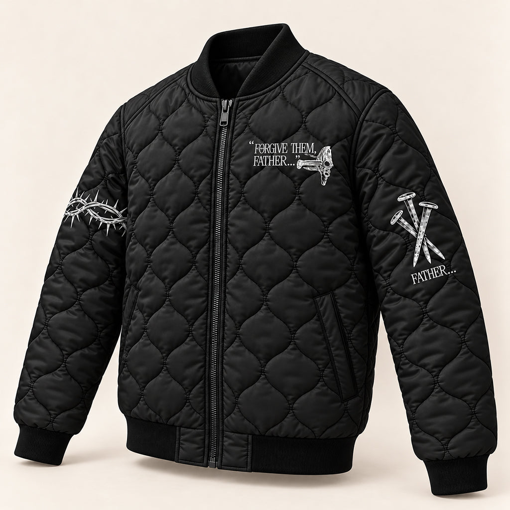 Forgive Them Father Scripture Quilted Bomber Jacket