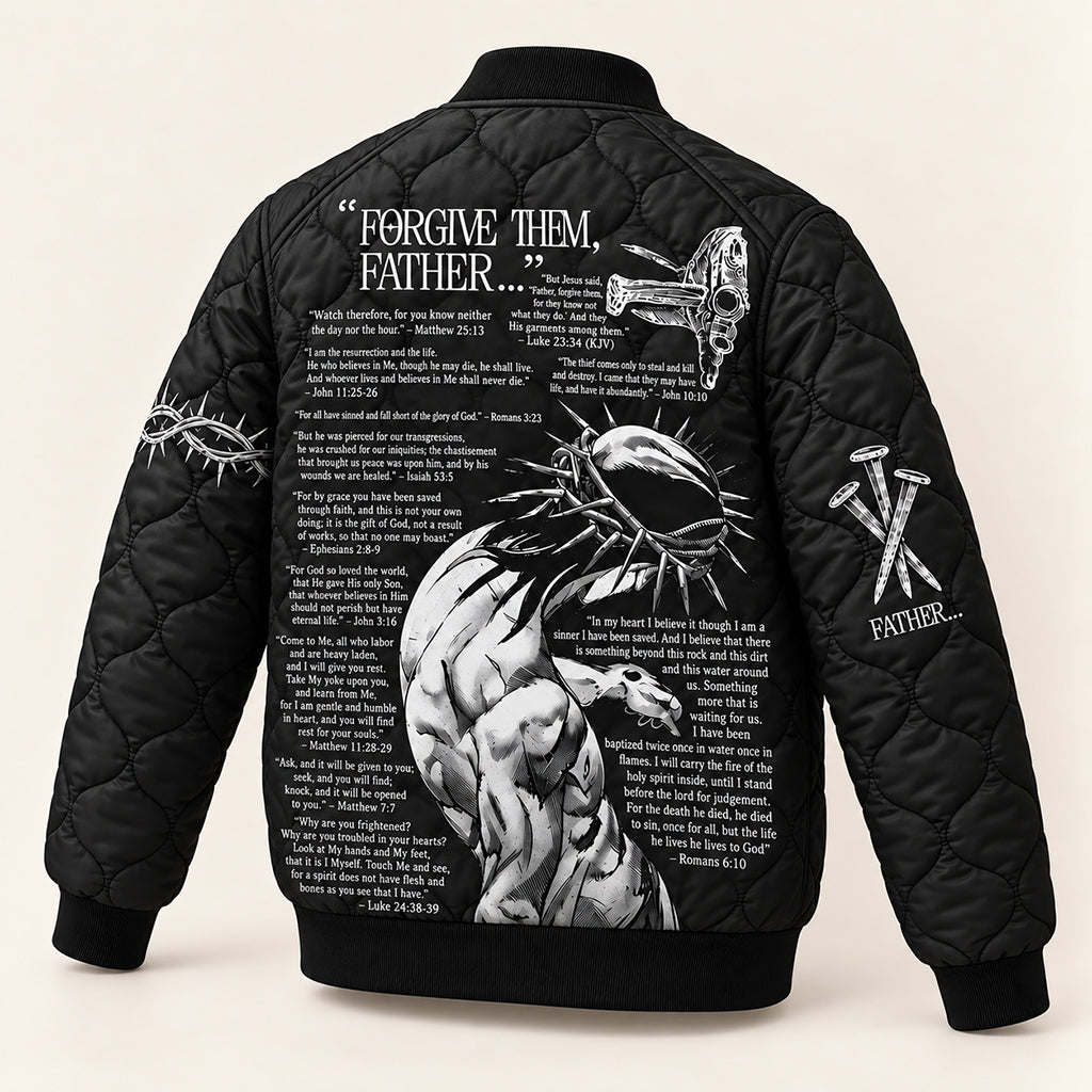 Forgive Them Father Scripture Quilted Bomber Jacket – view 5