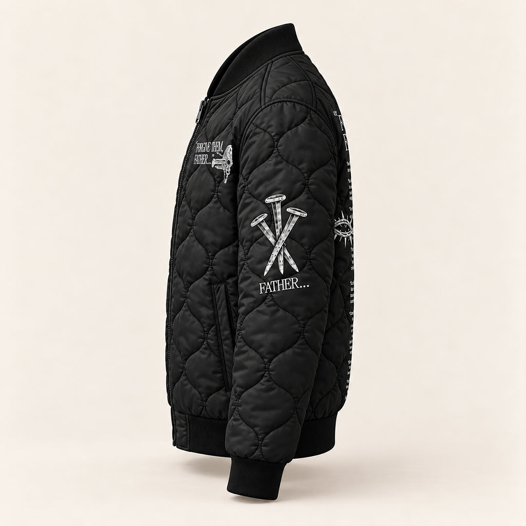 Forgive Them Father Scripture Quilted Bomber Jacket – view 6