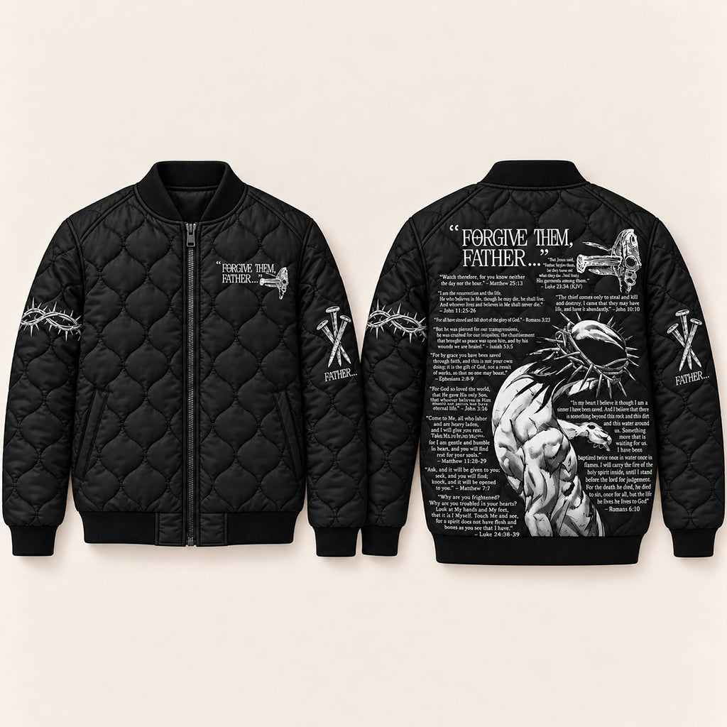 Forgive Them Father Scripture Quilted Bomber Jacket – view 2