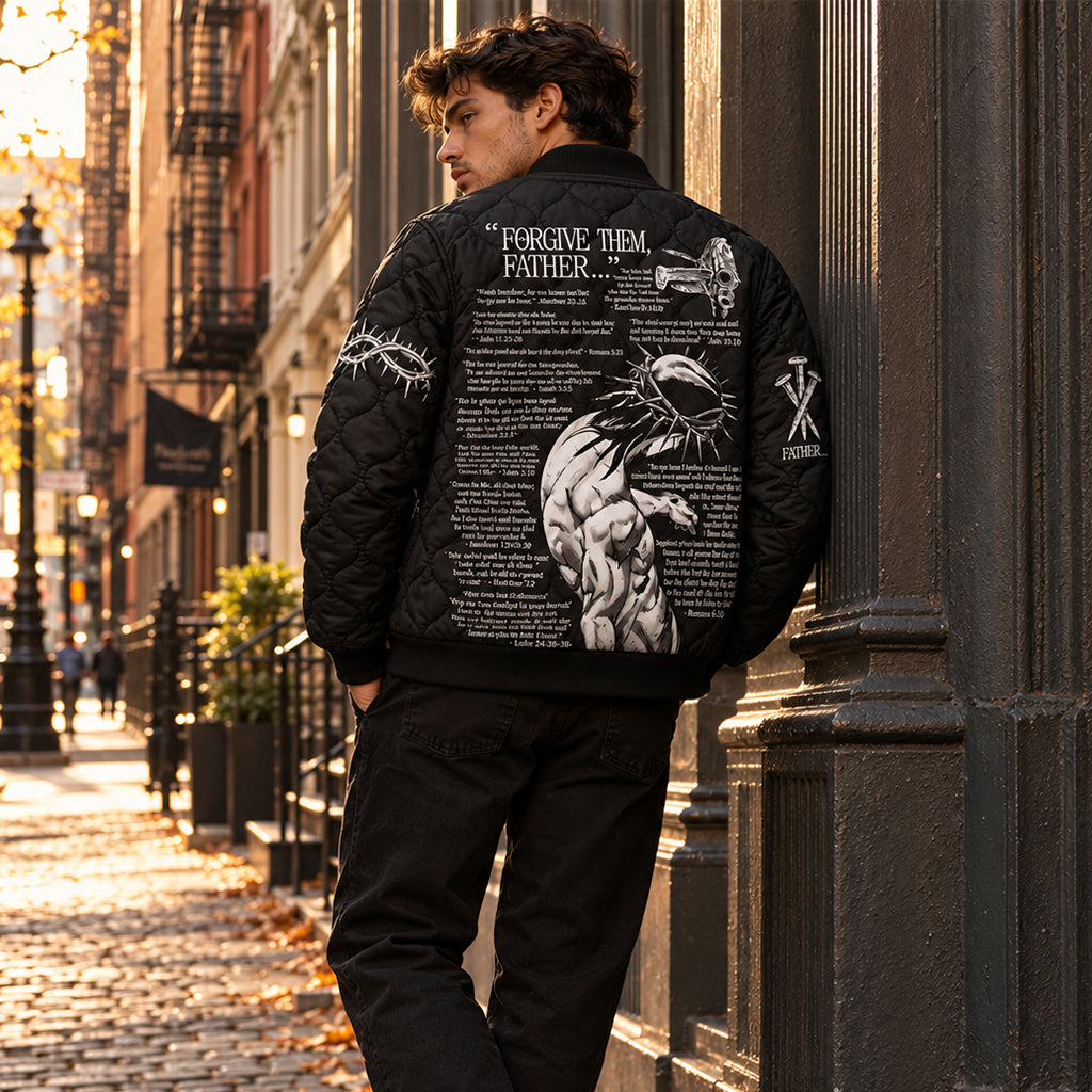 Forgive Them Father Scripture Quilted Bomber Jacket – view 1